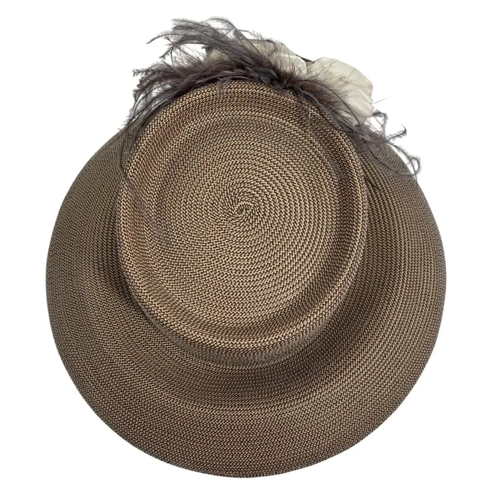 Preston York Beige Straw Kentucky Derby Dress Hat w/ Feathers + Ribbon Flowers